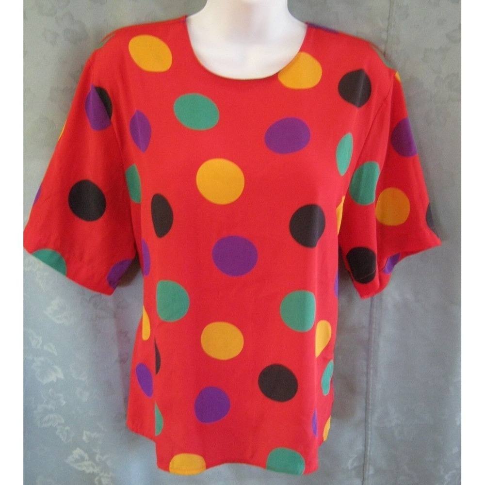 Vintage 90's Alyssa Carr Top Size 12 Collarless Bright Red & Polka Dot Career